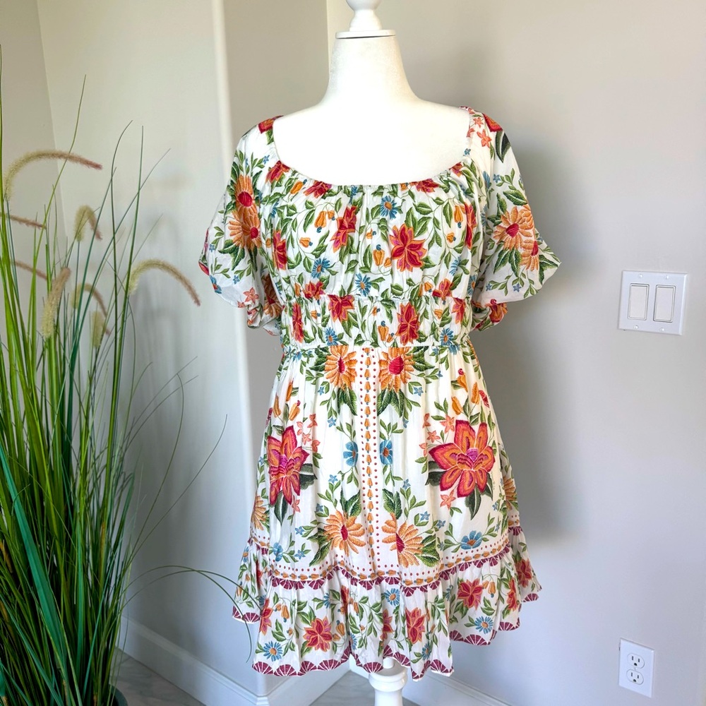 Farm Rio Bloom Garden Short Sleeve Mini Dress In Off White size XL